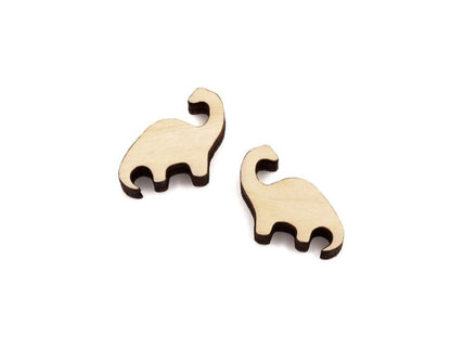 A pair of wooden cabochon earring blanks cut in the shape of a Brontosaurus dinosaur.