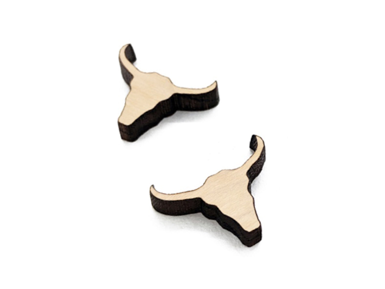 a pair of small acrylic and wood cabochon blanks for stud earrings, cut in the shape of a longhorn