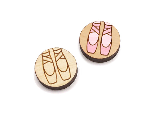 a pair of small round wooden cabochon blank for stud earrings engraved with ballet slippers.