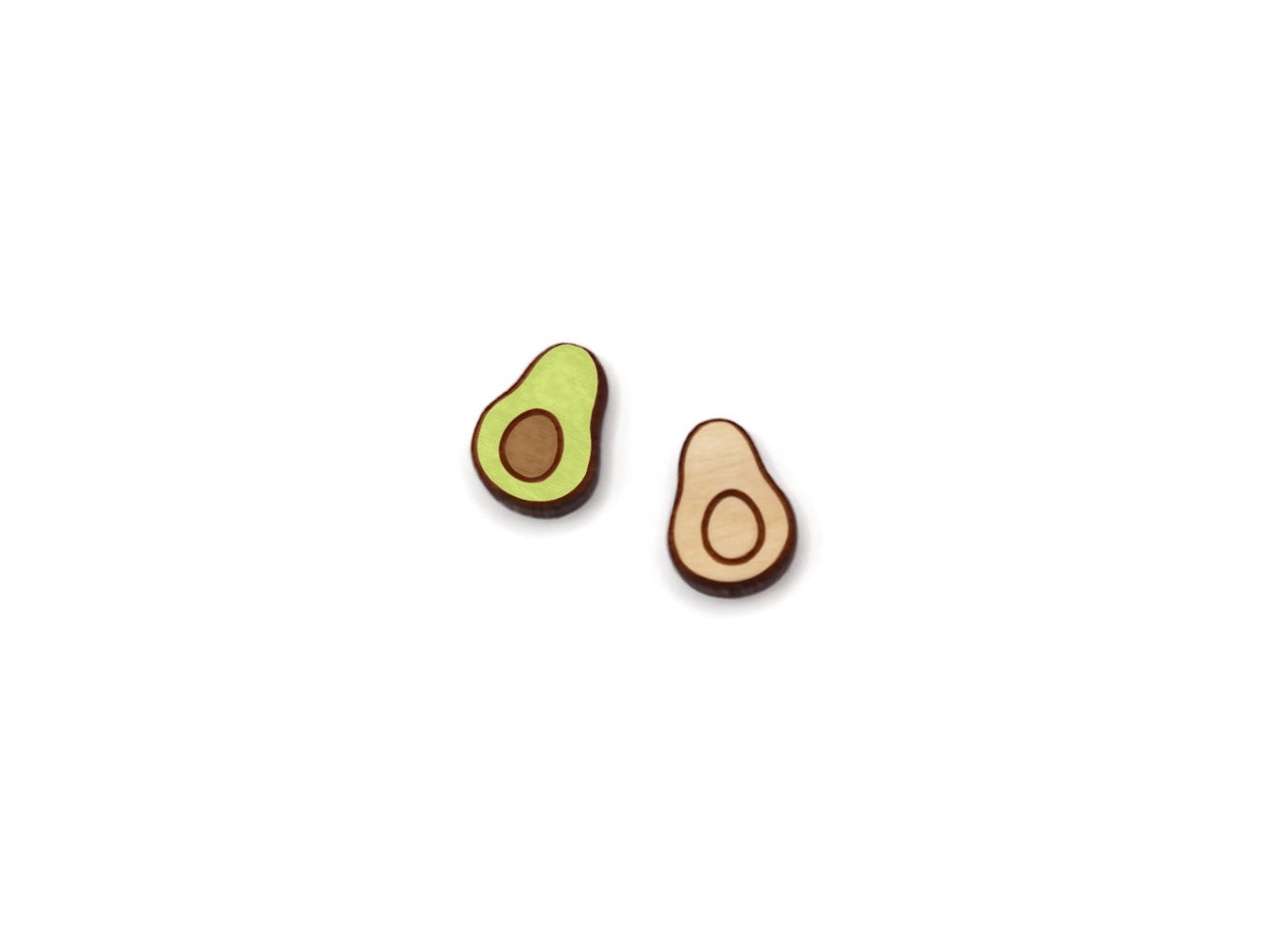 a pair of wooden cabochon stud earring blanks cut and engraved to look like an avocado