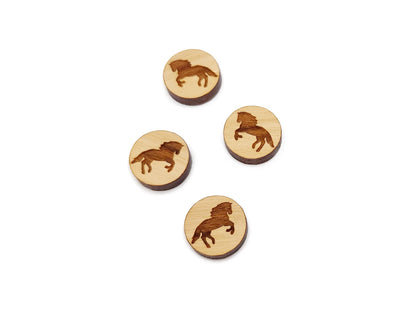 two pairs of round wooden cabochon earring blanks engraved with a rearing horse silhouette design