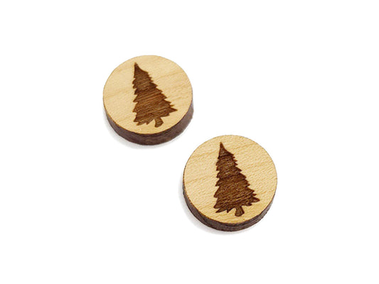 a pair of small round wooden cabochon blank for stud earrings engraved with a pine tree.