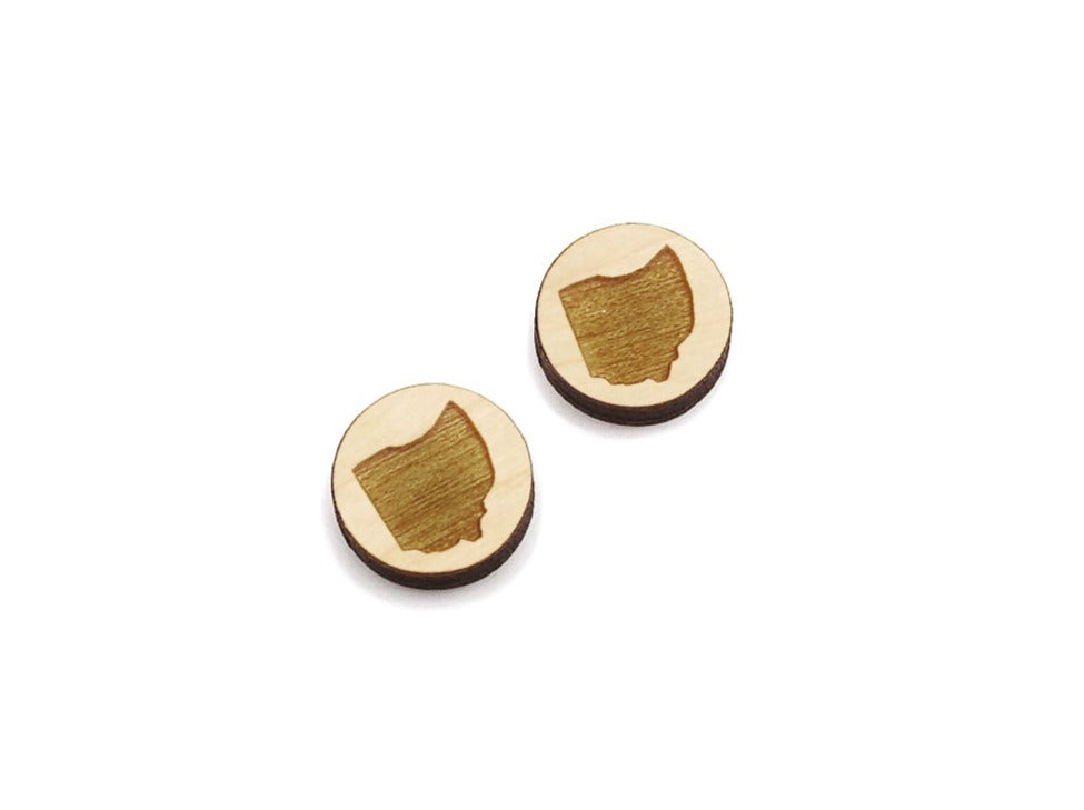 a pair of round wooden cabochon earring blanks engraved with the State of Ohio