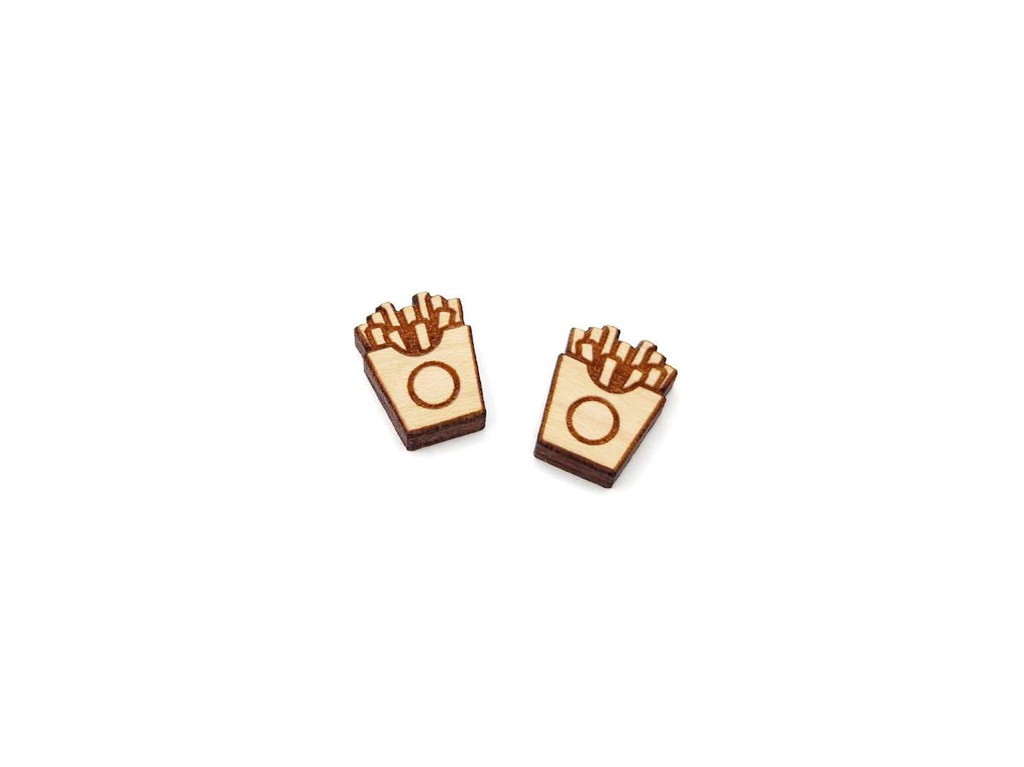a pair of wooden cabochon stud earring blanks cut and engraved to look like french fries