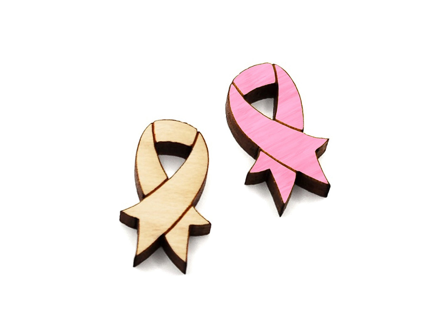 a pair of small wooden cabochon blanks for stud earrings, cut and engraved to look like awareness ribbons