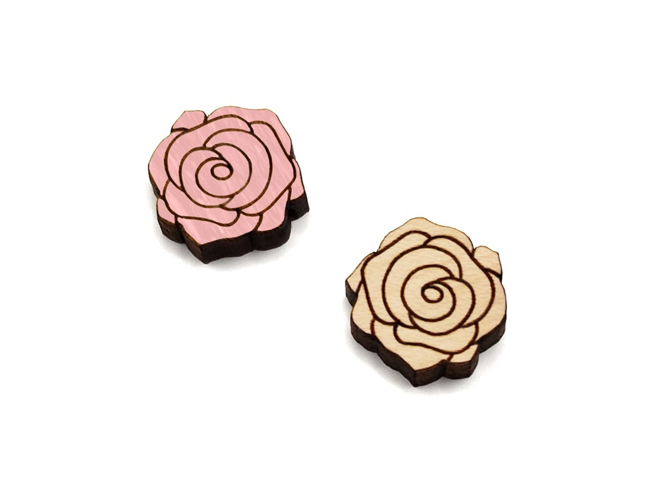 a pair of small wooden cabochon blanks for stud earrings, cut and engraved to look like roses, one is hand painted