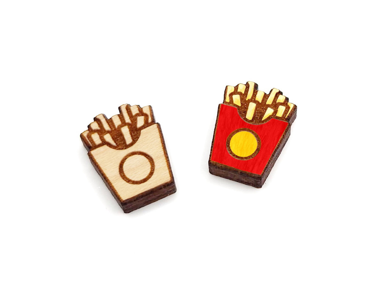 a pair of wooden cabochon stud earring blanks cut and engraved to look like french fries