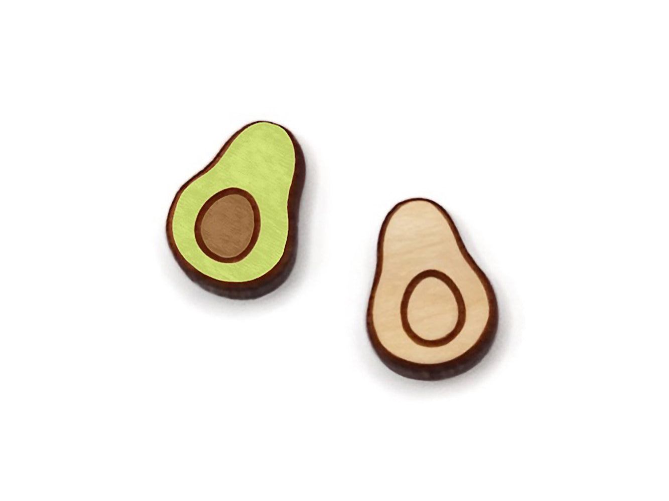 a pair of wooden cabochon stud earring blanks cut and engraved to look like an avocado