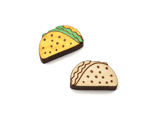 a pair of small wooden cabochon blanks for stud earrings, cut and engraved to look like tacos