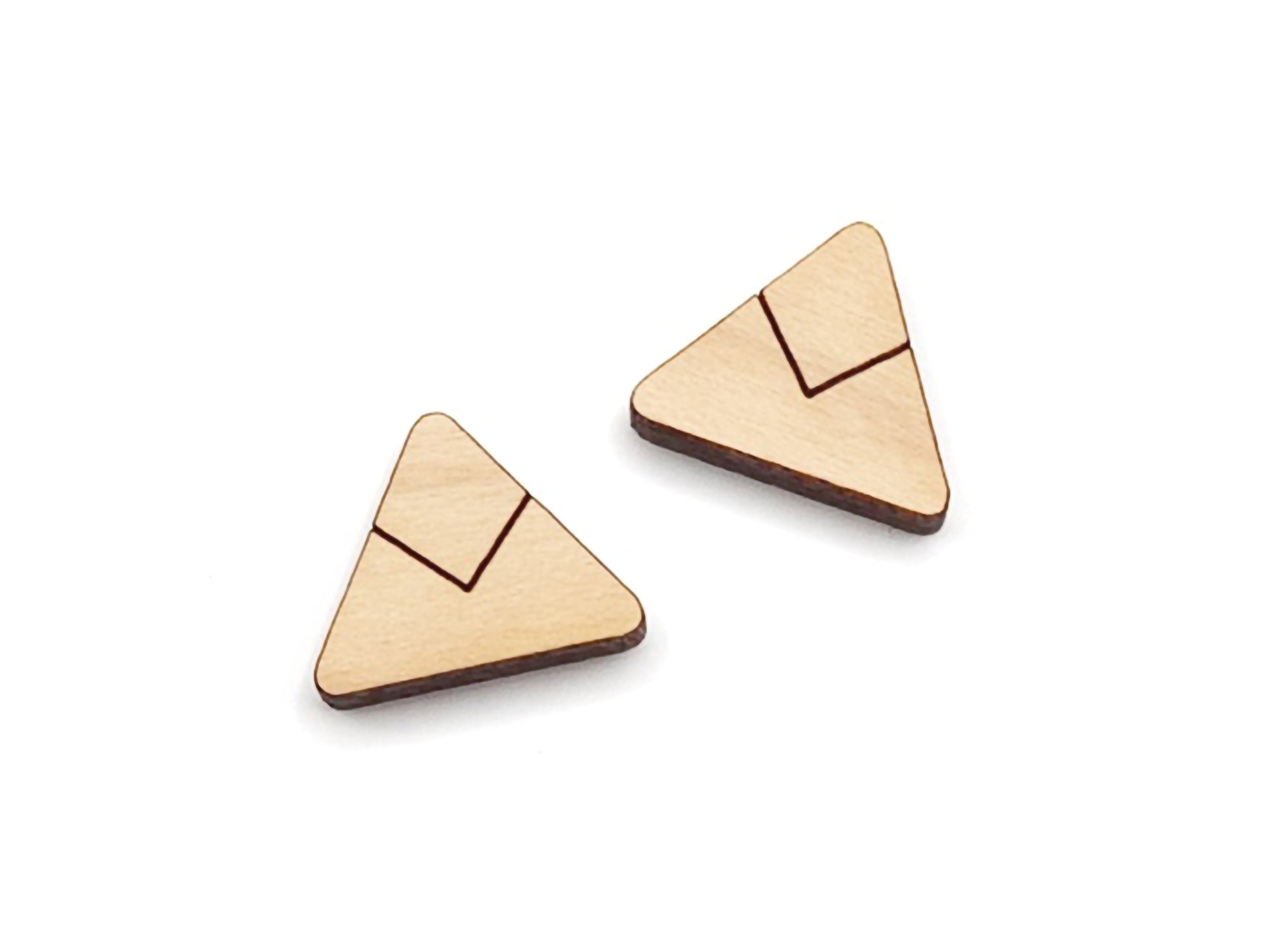 a pair of wooden cabochon stud earring blanks cut and engraved to look like a triangle with a chevron line