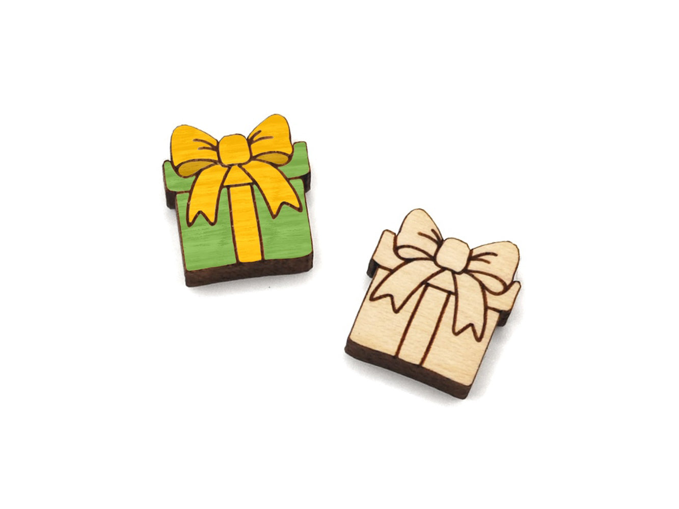 a pair of small wooden cabochon blanks for stud earrings, cut and engraved to look like Christmas presents, one is painted