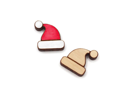 a pair of wooden cabochon stud earring blanks cut and engraved to look like a Santa hat