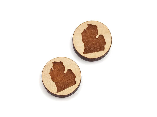 a pair of round wooden cabochon earring blanks engraved with the Michigan mitten