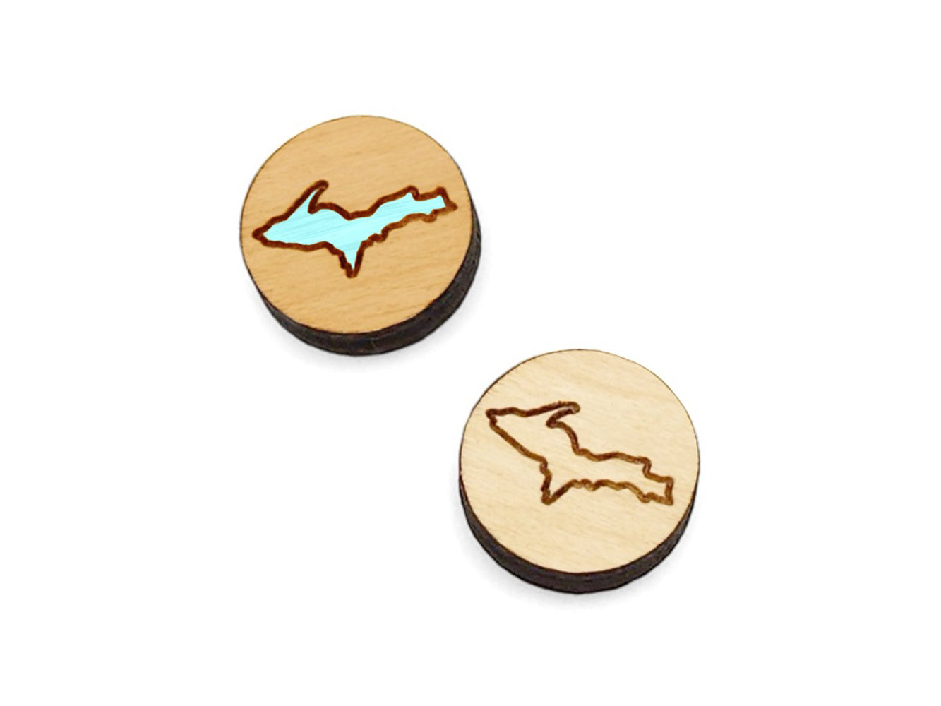 a pair of small round wooden cabochon blanks for stud earrings engraved with the outline of the Michigan upper