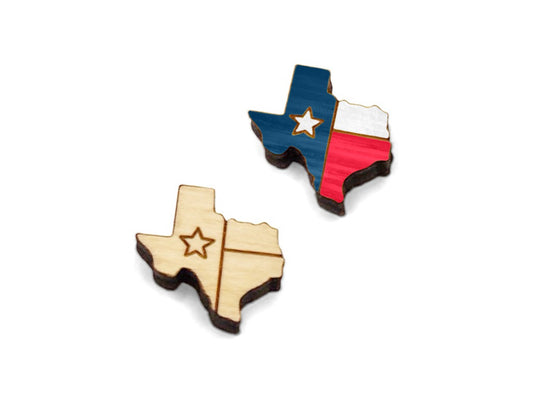 a pair of small wooden cabochon blanks for stud earrings, cut and engraved to look like a Texas shaped Texas flag, one is painted