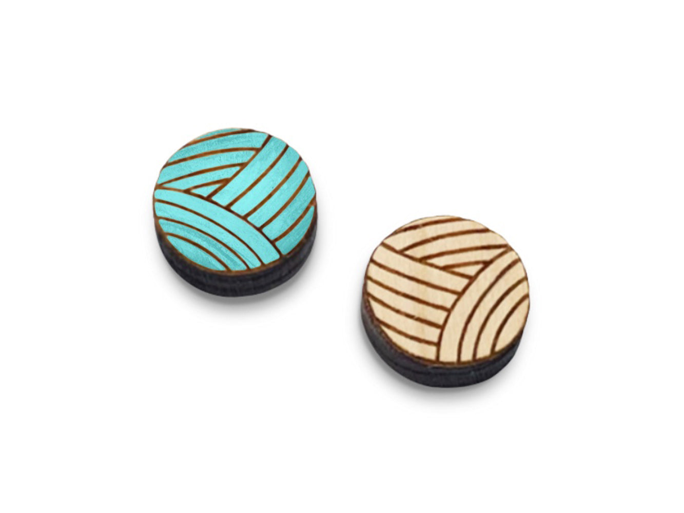 a pair of wooden cabochon stud earring blanks cut and engraved to look like a ball of yarn