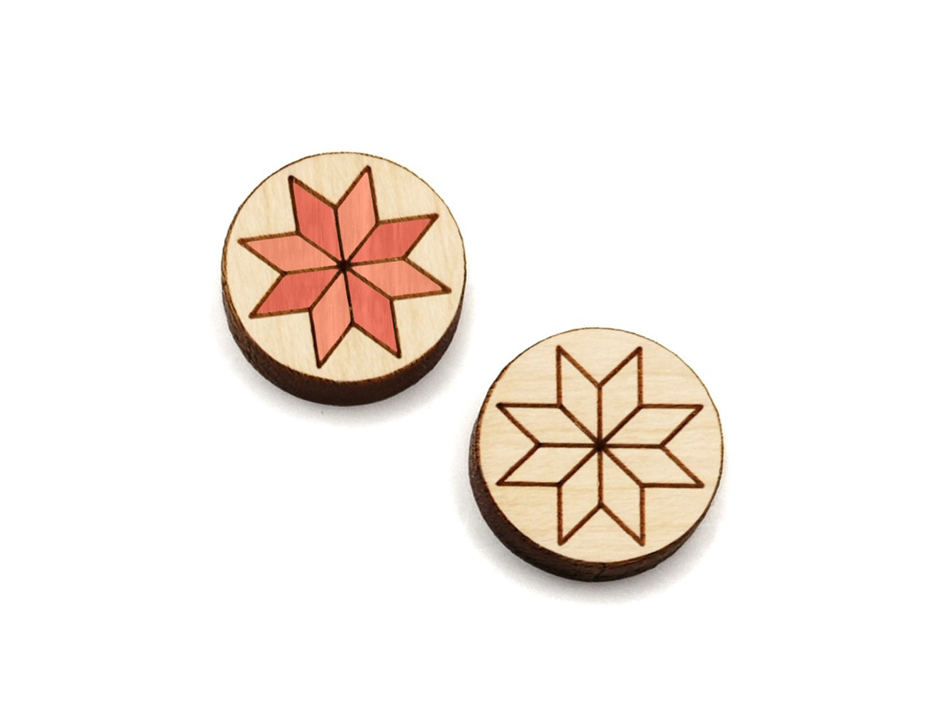 a pair of round wooden cabochon stud earring blanks engraved with a quilted star design