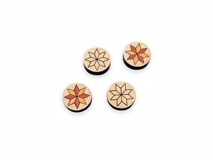 two pairs of round wooden cabochon stud earring blanks engraved with a quilted star design