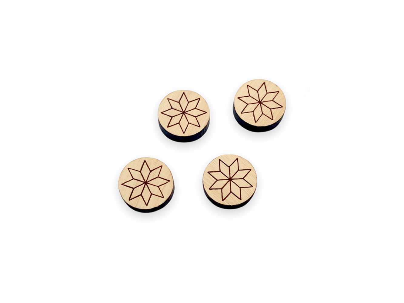 two pairs of round wooden cabochon stud earring blanks engraved with a quilted star design