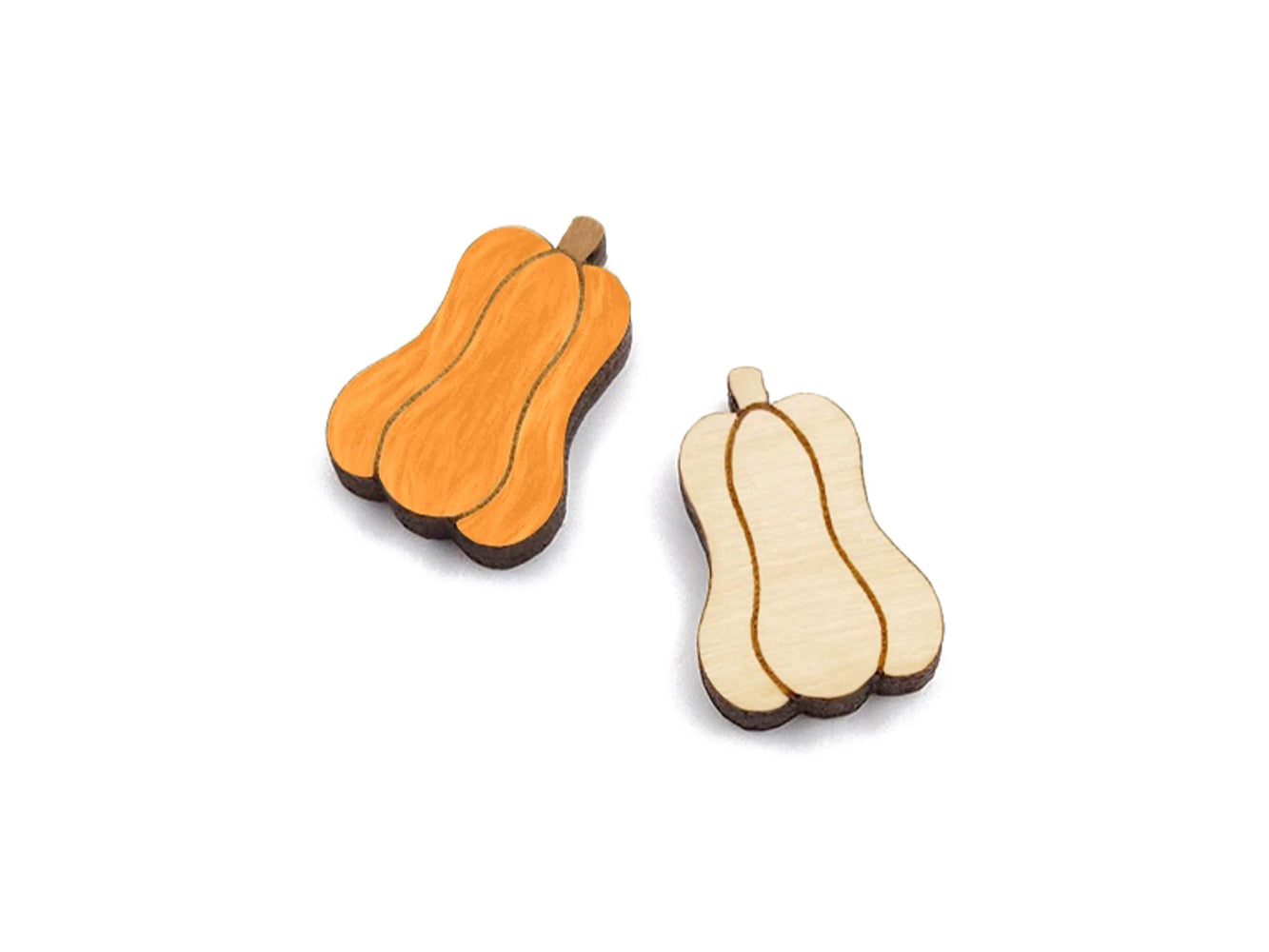 a pair of wooden cabochon stud earring blanks cut and engraved to look like gourds