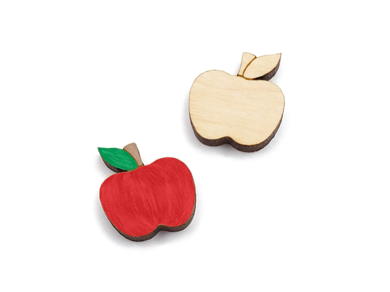 a pair of wooden cabochon stud earring blanks cut and engraved to look like an apple