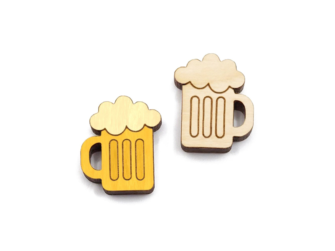 a pair of wooden cabochon stud earring blanks cut and engraved to look like mugs of beer