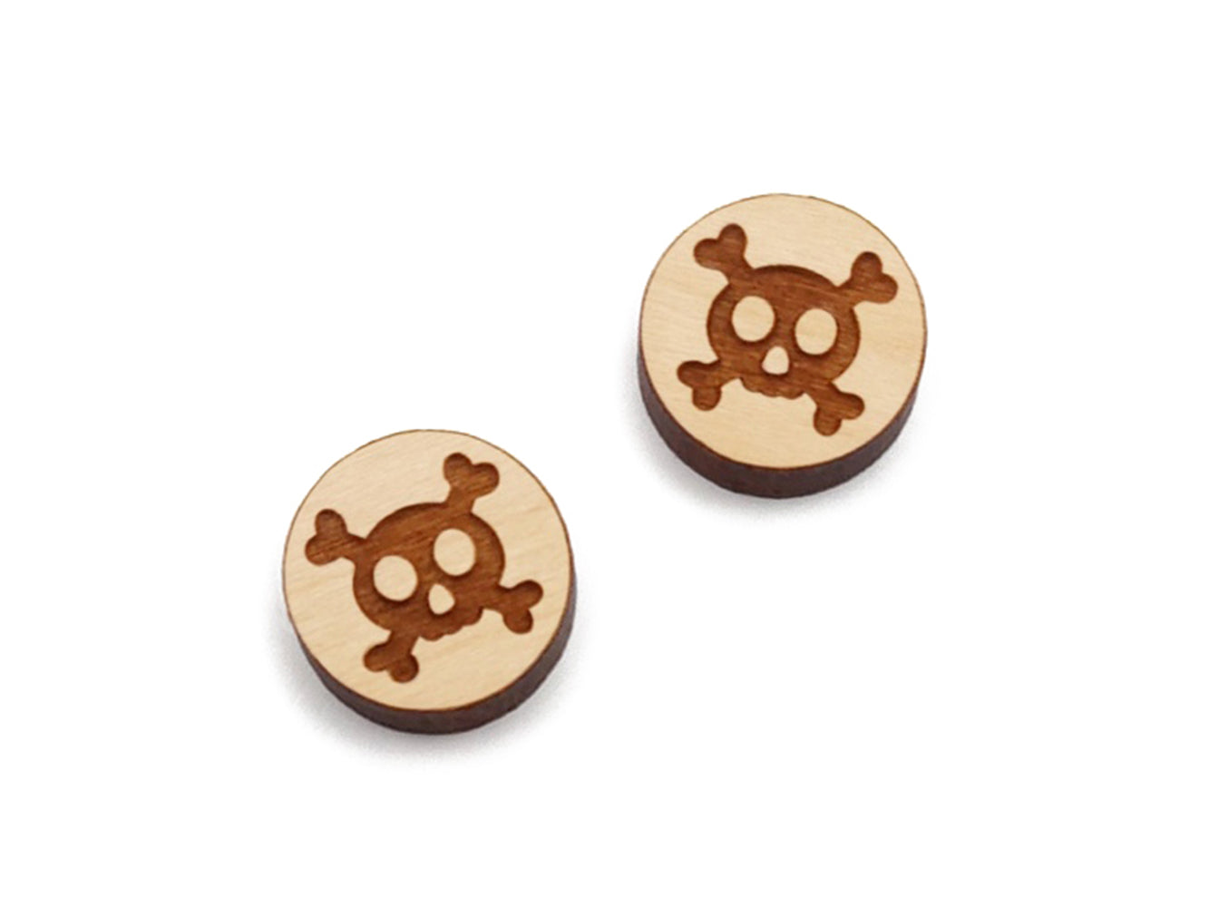 Pirate Skull & Bones Round Wood Cabochon Stud Earring Blanks