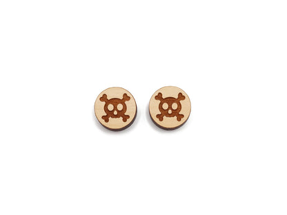 Pirate Skull & Bones Round Wood Cabochon Stud Earring Blanks