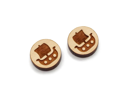 Pirate Ship Round Wood Cabochon Stud Earring Blanks