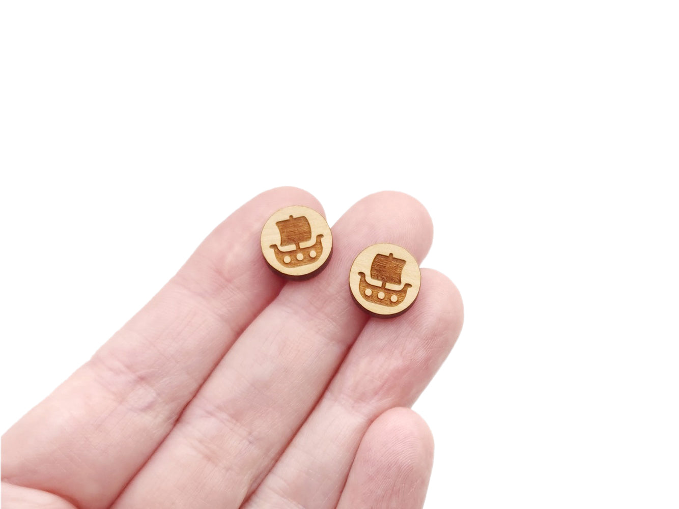 Pirate Ship Round Wood Cabochon Stud Earring Blanks