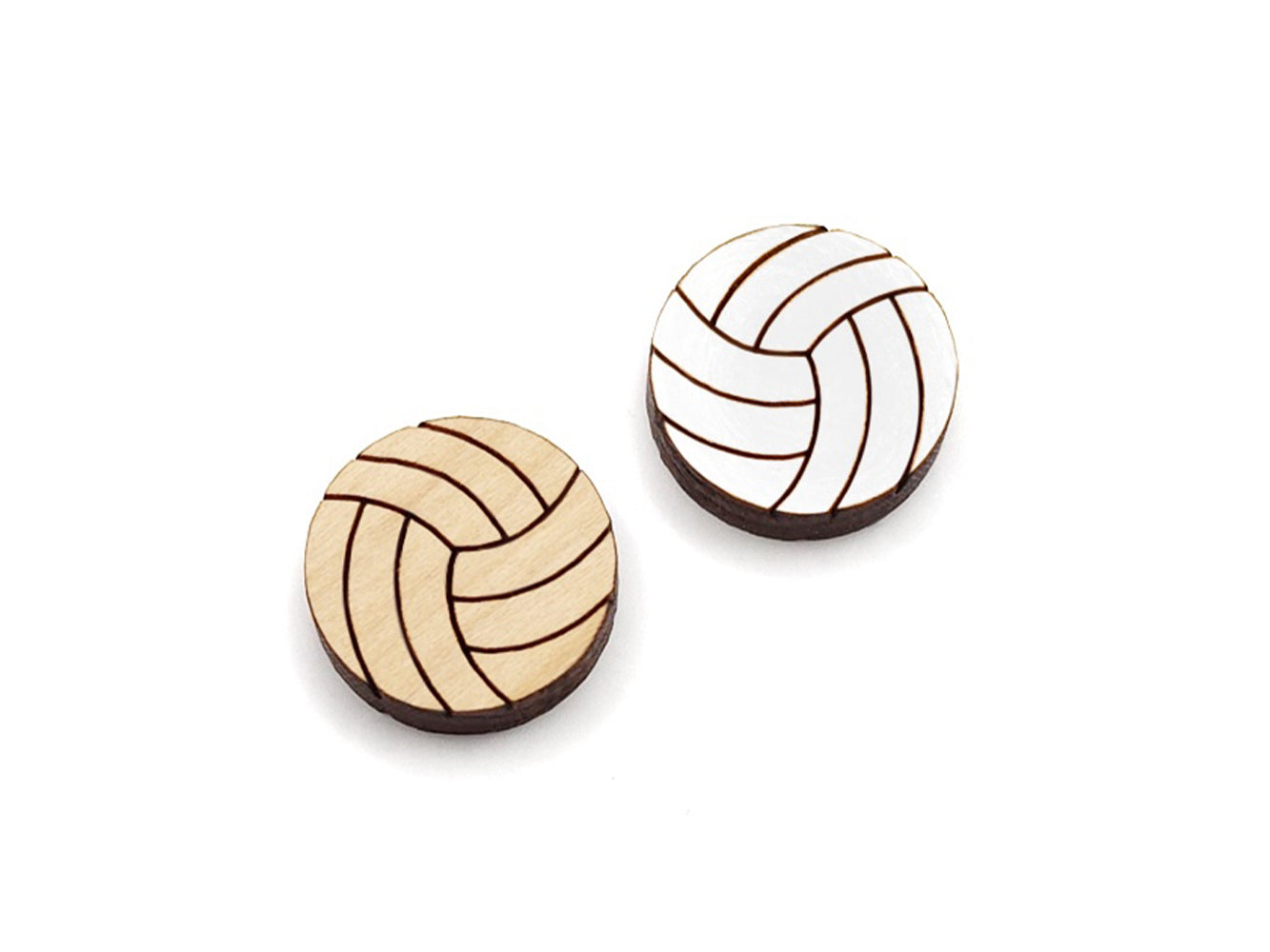 a pair of wooden cabochon stud earring blanks cut and engraved to look like volleyballs