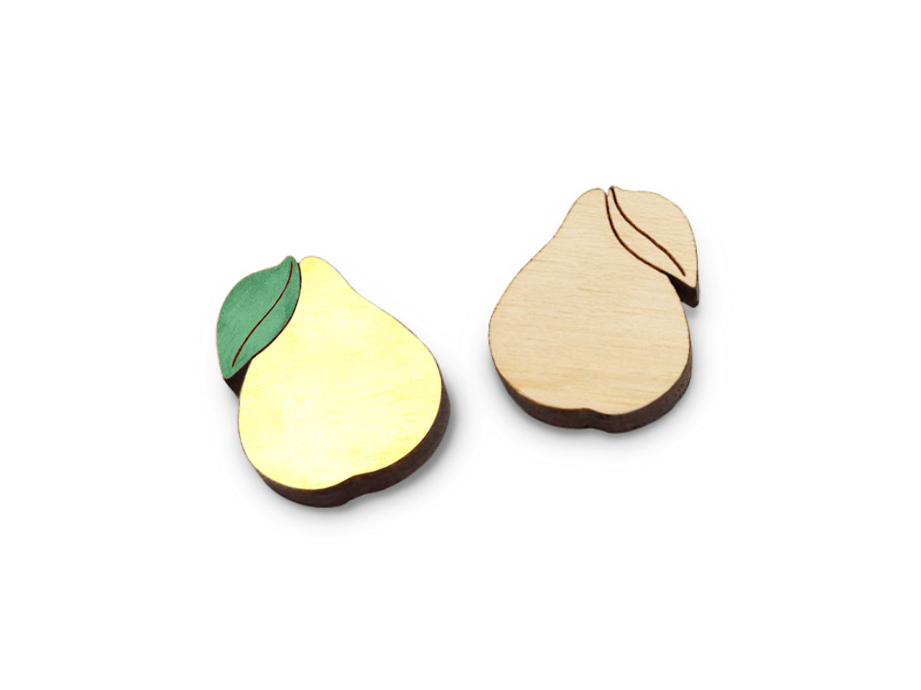 a pair of wooden cabochon stud earring blanks cut and engraved to look like pears