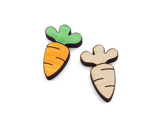 a pair of small wooden cabochon blanks cut and engraved to look like carrots, one is hand painted