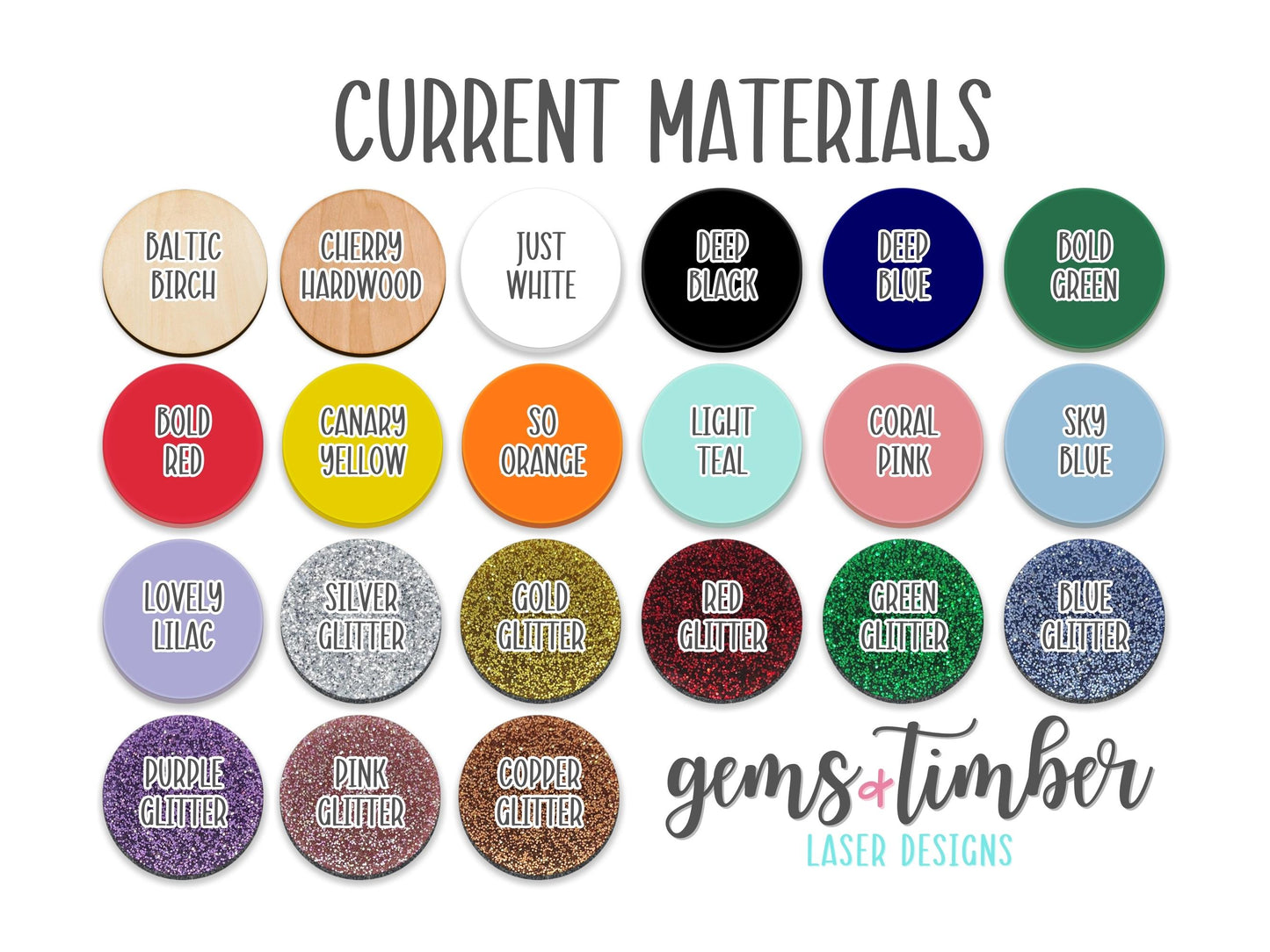 a bunch of different colored buttons with the words current materials