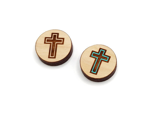 a pair of small round wooden cabochon blanks for stud earrings engraved with a cross