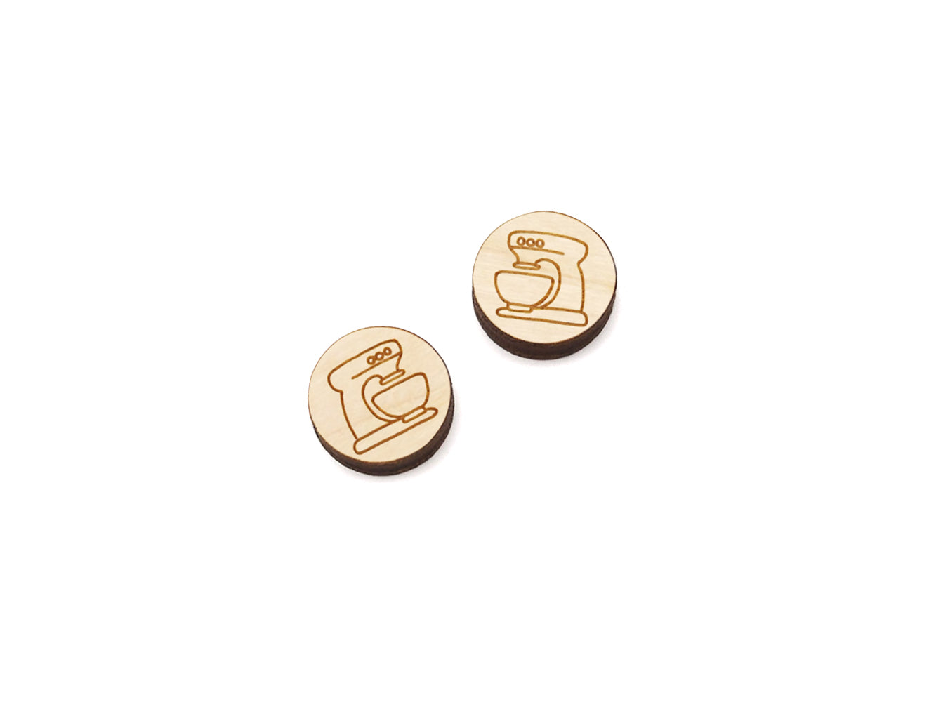 a pair of round wooden cabochon earring blanks engraved with a kitchen mixer
