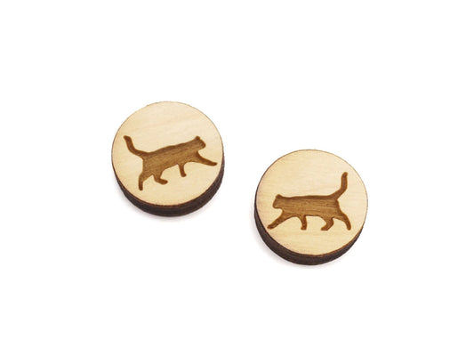 a pair of small round wooden cabochon blanks for stud earrings engraved with the silhouette of a cat