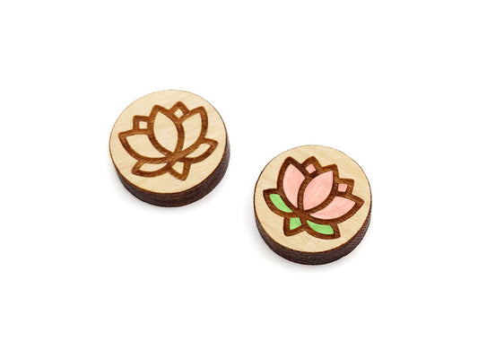 a pair of small round wooden cabochon blanks for stud earrings engraved with a lotus flower