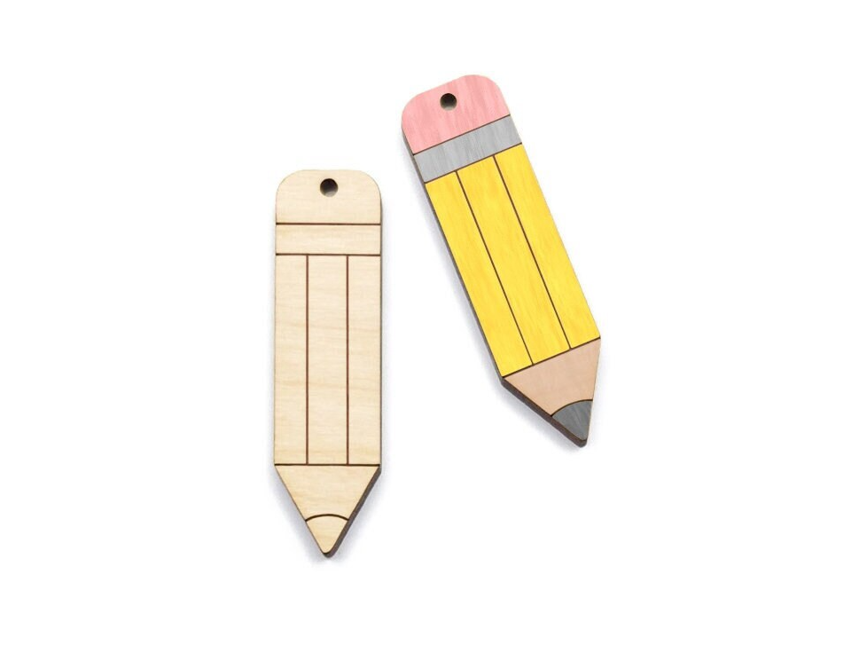 a pair of wooden earring blanks cut and engraved to look like a pencil