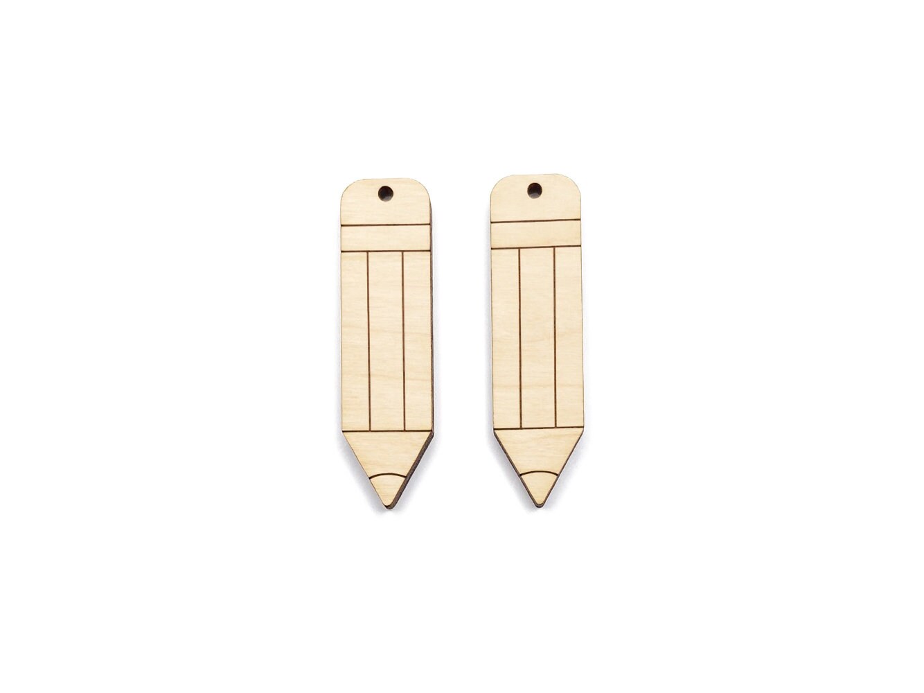 a pair of wooden earring blanks cut and engraved to look like a pencil