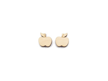 a pair of wooden cabochon stud earring blanks cut and engraved to look like an apple