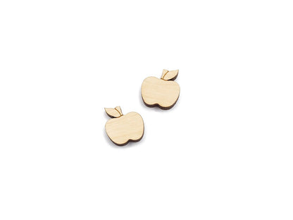 a pair of wooden cabochon stud earring blanks cut and engraved to look like an apple