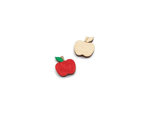 a pair of wooden cabochon stud earring blanks cut and engraved to look like an apple