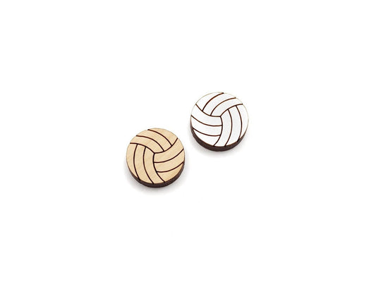 a pair of wooden cabochon stud earring blanks cut and engraved to look like volleyballs