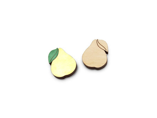 a pair of wooden cabochon stud earring blanks cut and engraved to look like pears