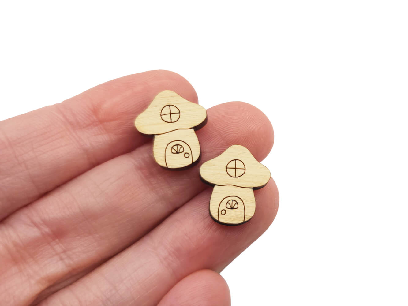 Mushroom Cottage Stud Earring Engraved Wood Cabochon Blanks