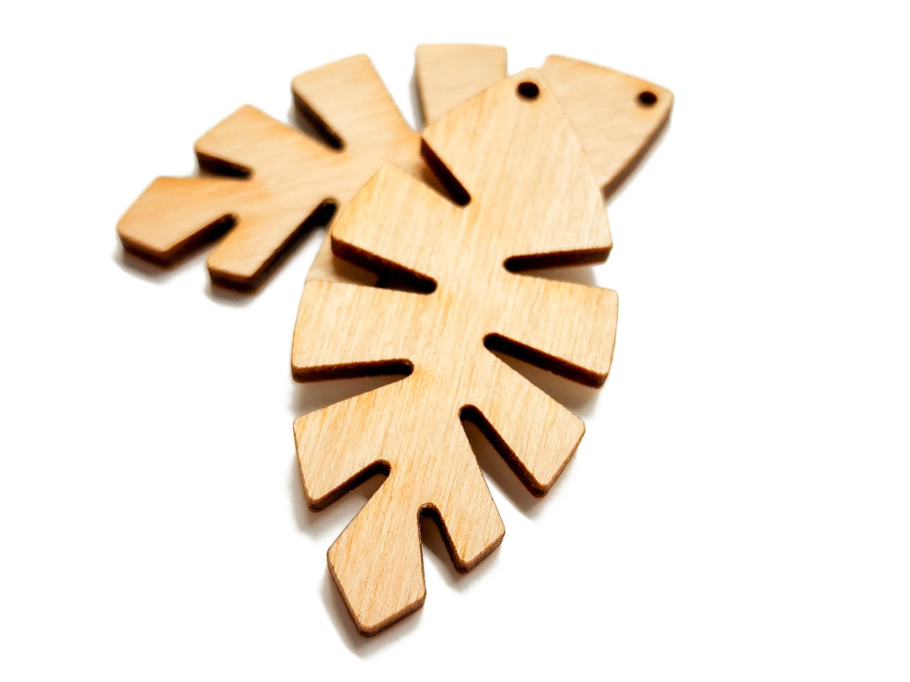 a wooden cutout of a leaf on a white background