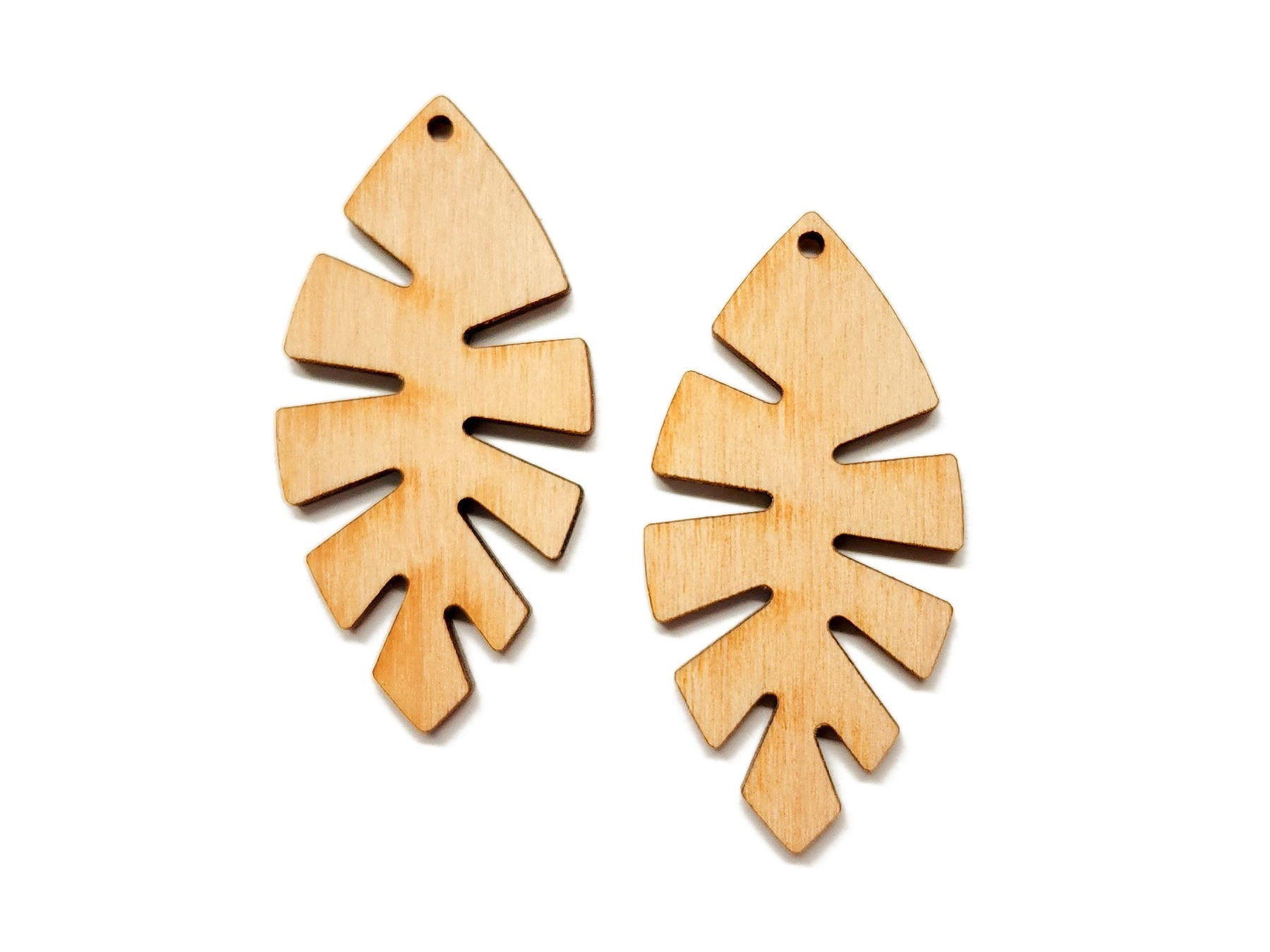 a pair of wooden earrings on a white background