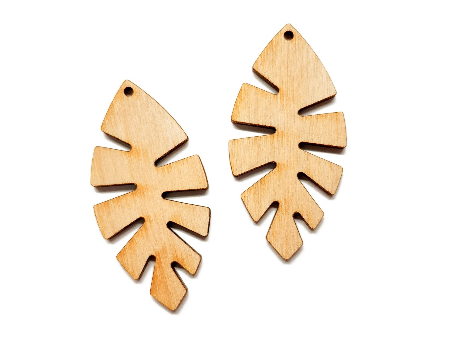 a pair of wooden earrings on a white background