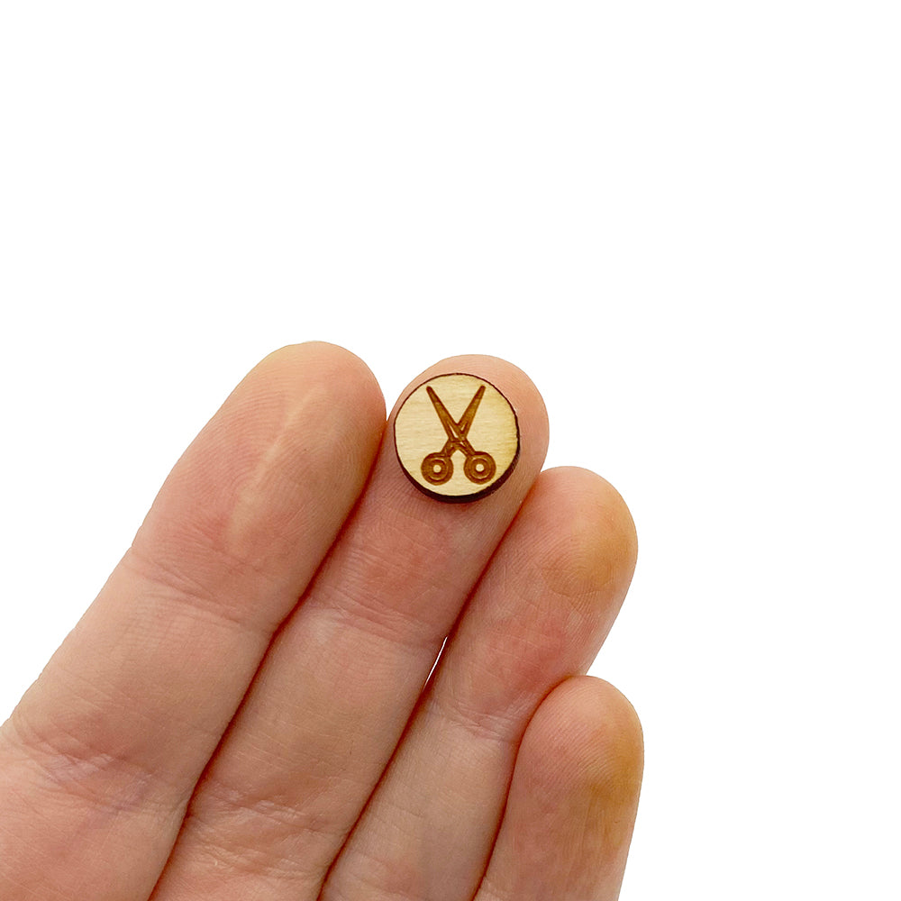 Scissors Engraved Mini Circle Shaped Wood Jewelry Blanks